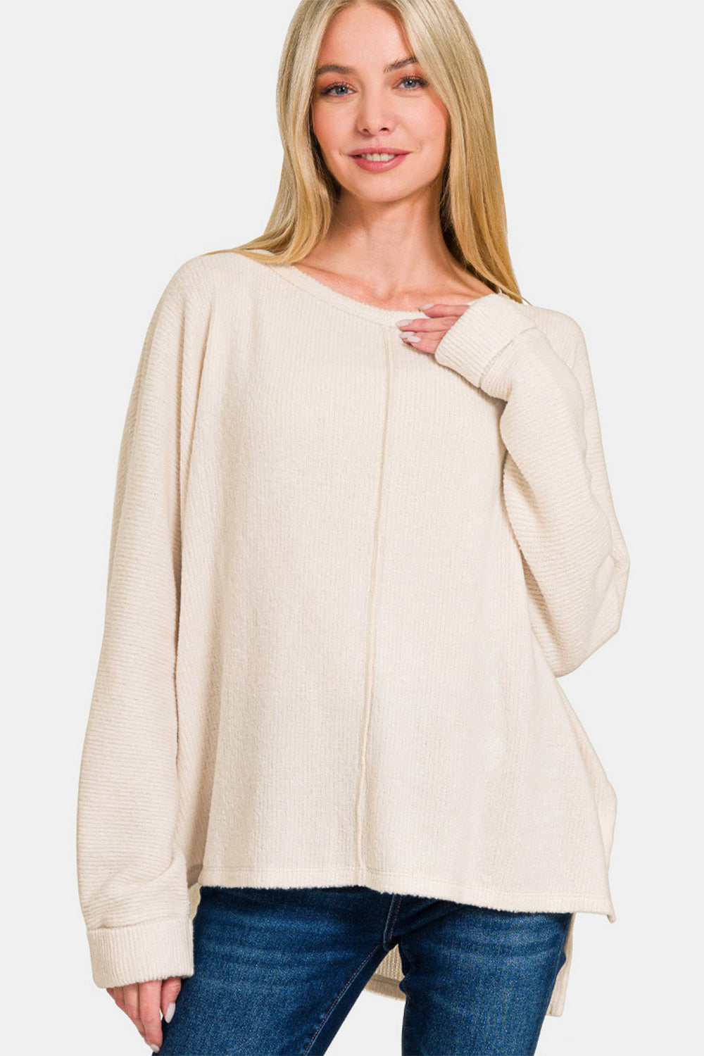 ZENANA High-Low Side Slit Round Neck Sweater in Sand Beige