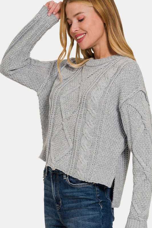 ZENANA Grey Cropped High Low Cable Sweater with Side Slits