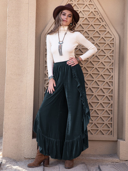 H.R.Z. Ruffle Trim Wide Leg Slit Velvet Western-Boho Pants