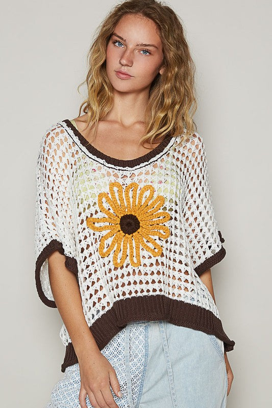 POL Hollow Out Flower Half Sleeve Knit Cover Up Top