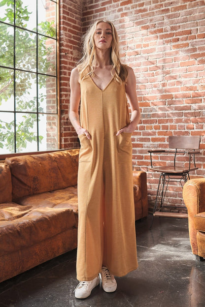 CES FEMMES Mustard V-Neck Sleeveless Wide Leg Jumpsuit