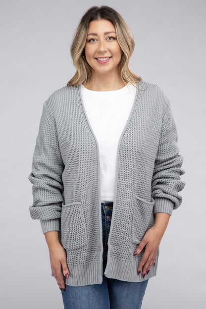 ZENANA Plus Low Gauge Waffle Open Cardigan Sweater