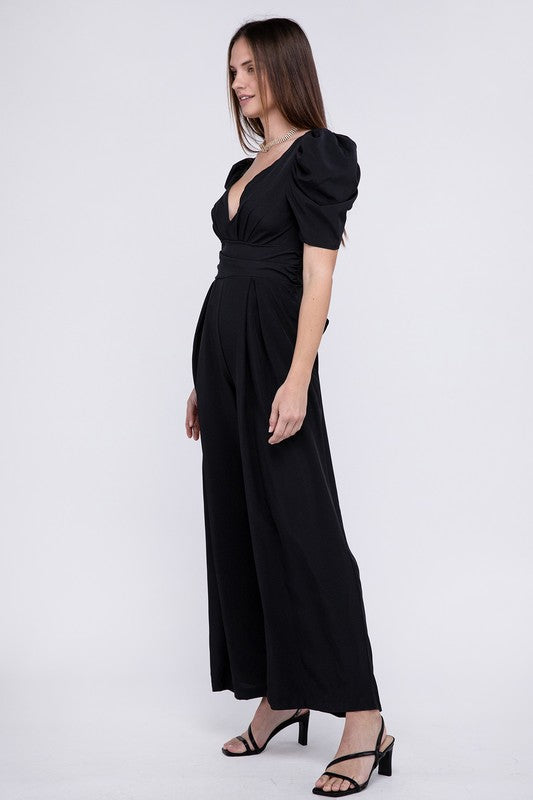 NUVI APPAREL Black V Neck Puff Sleeves Jumpsuit