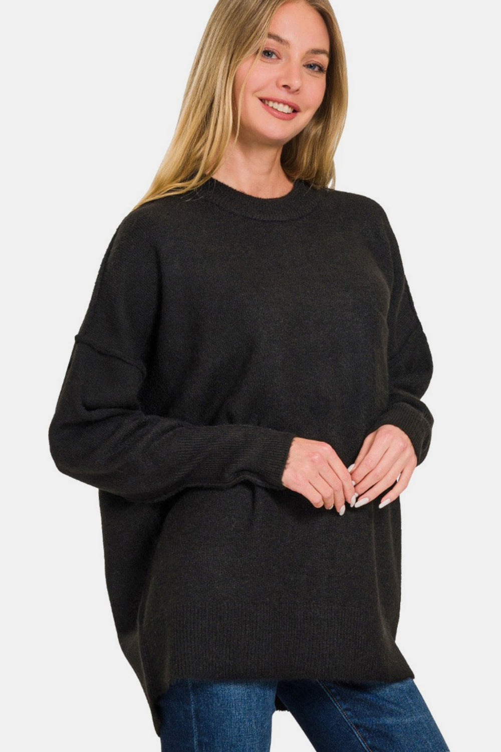 ZENANA Black High-Low Hem Drop Shoulder Sweater