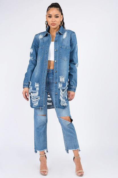 AMERICAN BAZI Distressed Button Down Denim Shirt Jacket