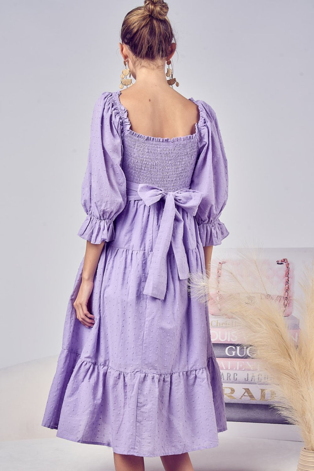 BiBi Lavender Swiss Dot Flounce Sleeve Smocked Tiered Midi Dress