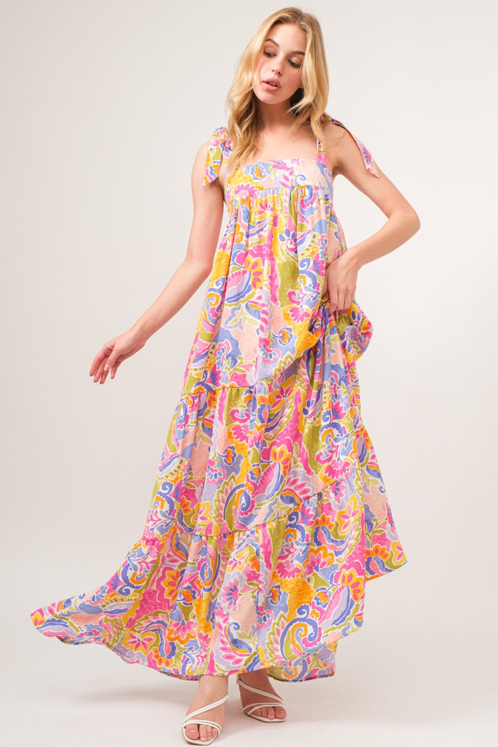 AND THE WHY Full Size Printed Tie Shoulder Tiered Maxi Dress