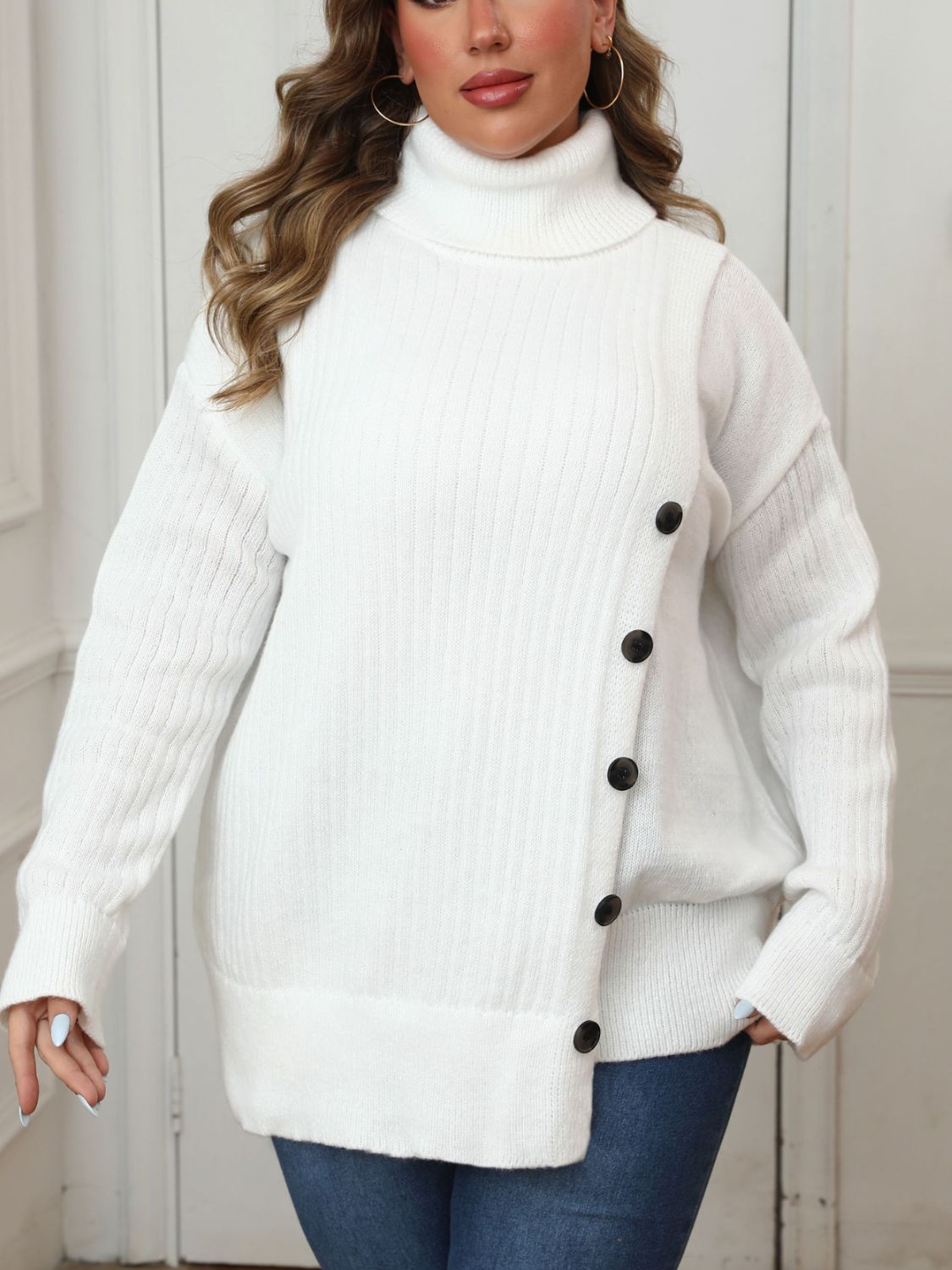 White Plus Size Turtleneck Long Sleeve Sweater