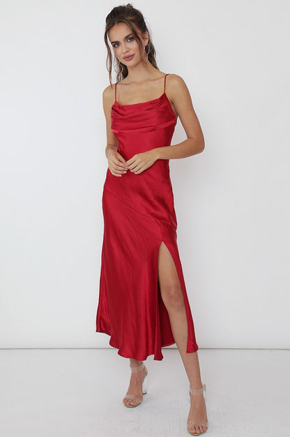 ONE & ONLY COLLECTIVE Wine Romantic Satin Side Slit Midi Dress with Split