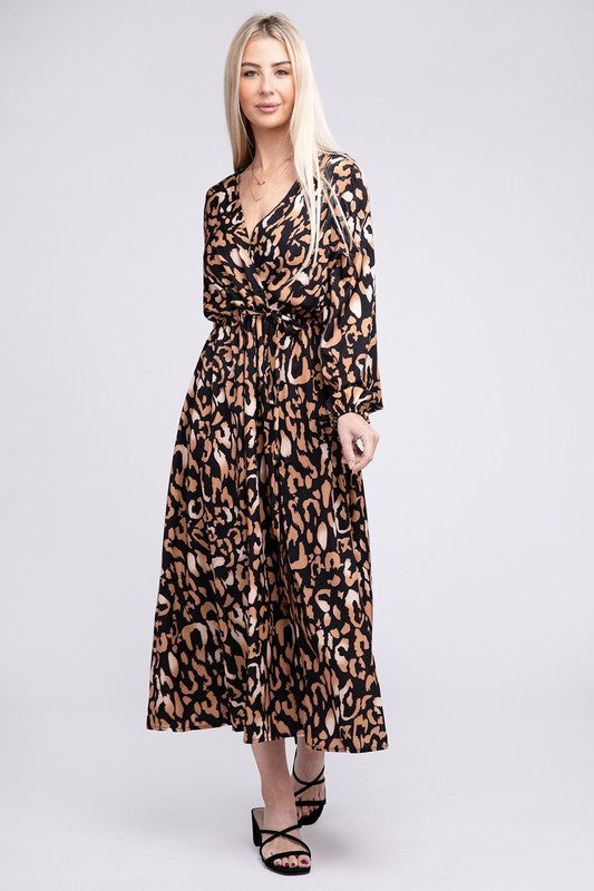 NUVI APPAREL Leopard print Wrap V Neck High Waist Midi Dress