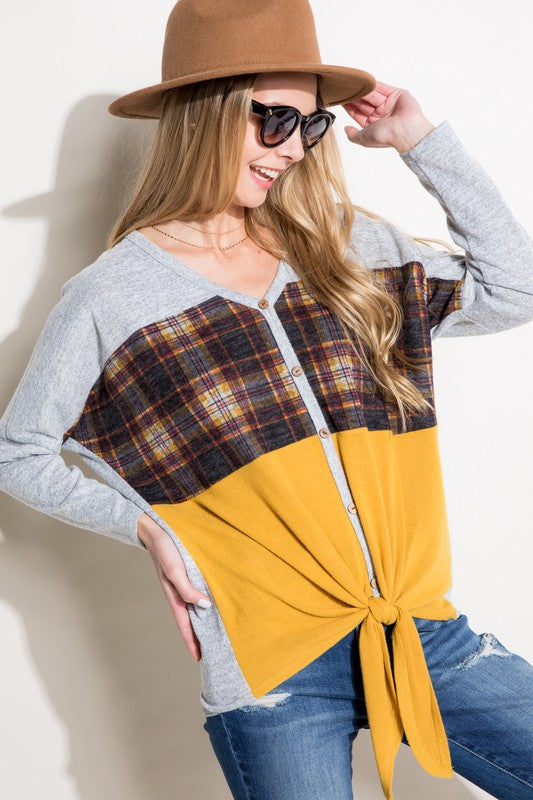 E LUNA Plaid Contrast Mixed Long Sleeves Top