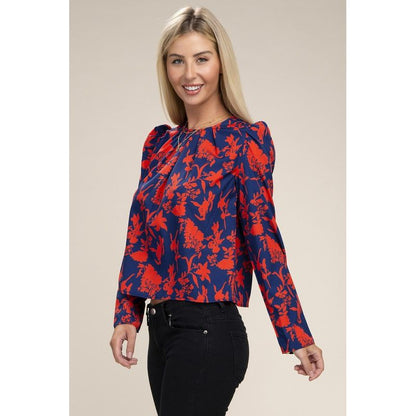 NUVI APPAREL Floral Print  Puff Sleeve Blouse