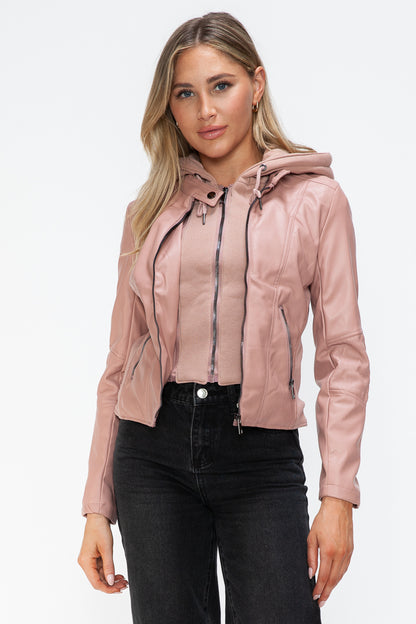 SNOBBISH Mauve Women's Faux Leather Zip Up Drawstring Hooded Jacket