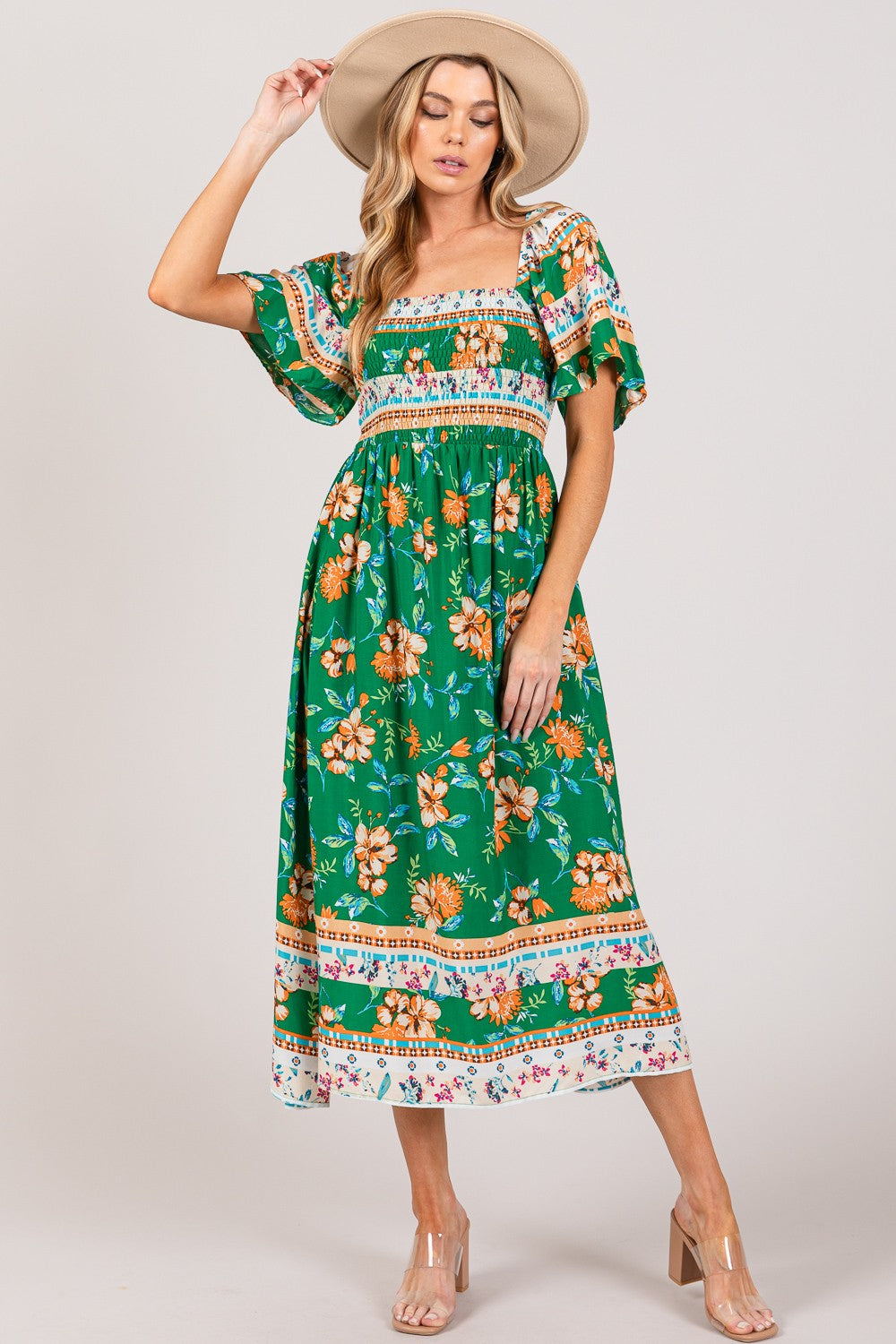 SAGE + FIG Boho Printed Smocked Short Sleeve Midi Dress