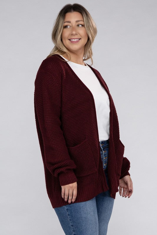 ZENANA Plus Low Gauge Waffle Open Cardigan Sweater