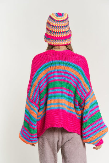 DAVI & DANI Chunky Knit Multi-Striped Open Sweater Cardigan