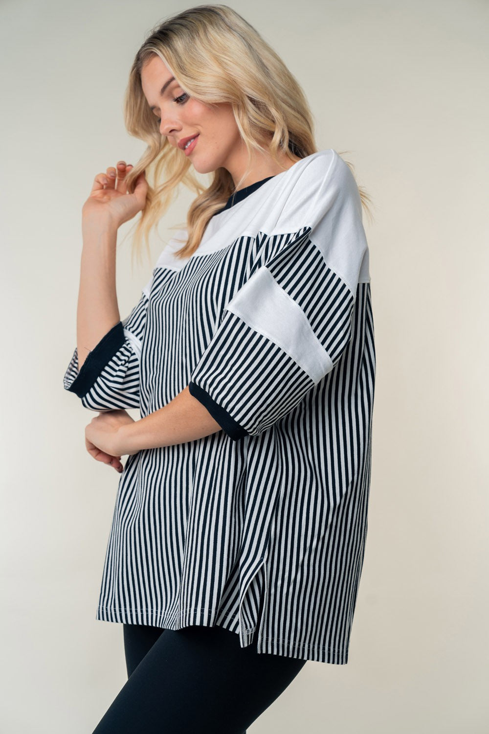 WHITE BIRCH Full Size Striped Contrast Round Neck Top