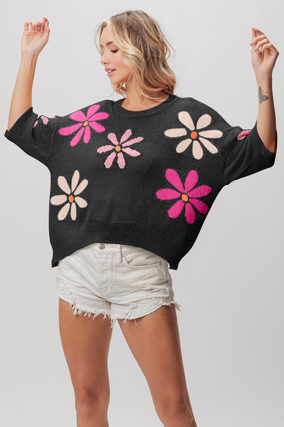 BiBi Black Floral Pattern Cropped Sweater