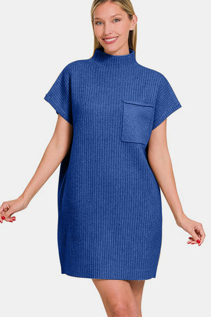 ZENANA Women's Blue Short Sleeve Sweater Mini Dress