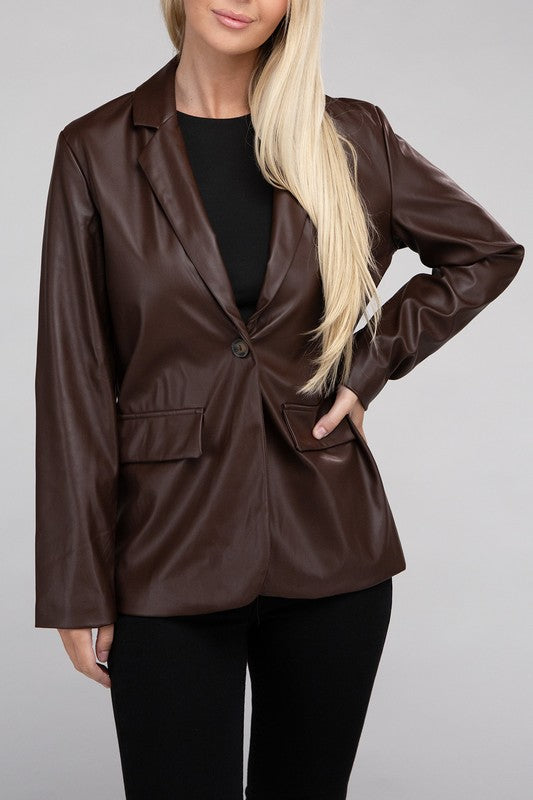 AMBIANCE APPAREL Sleek Pu Leather Blazer with Front Closure