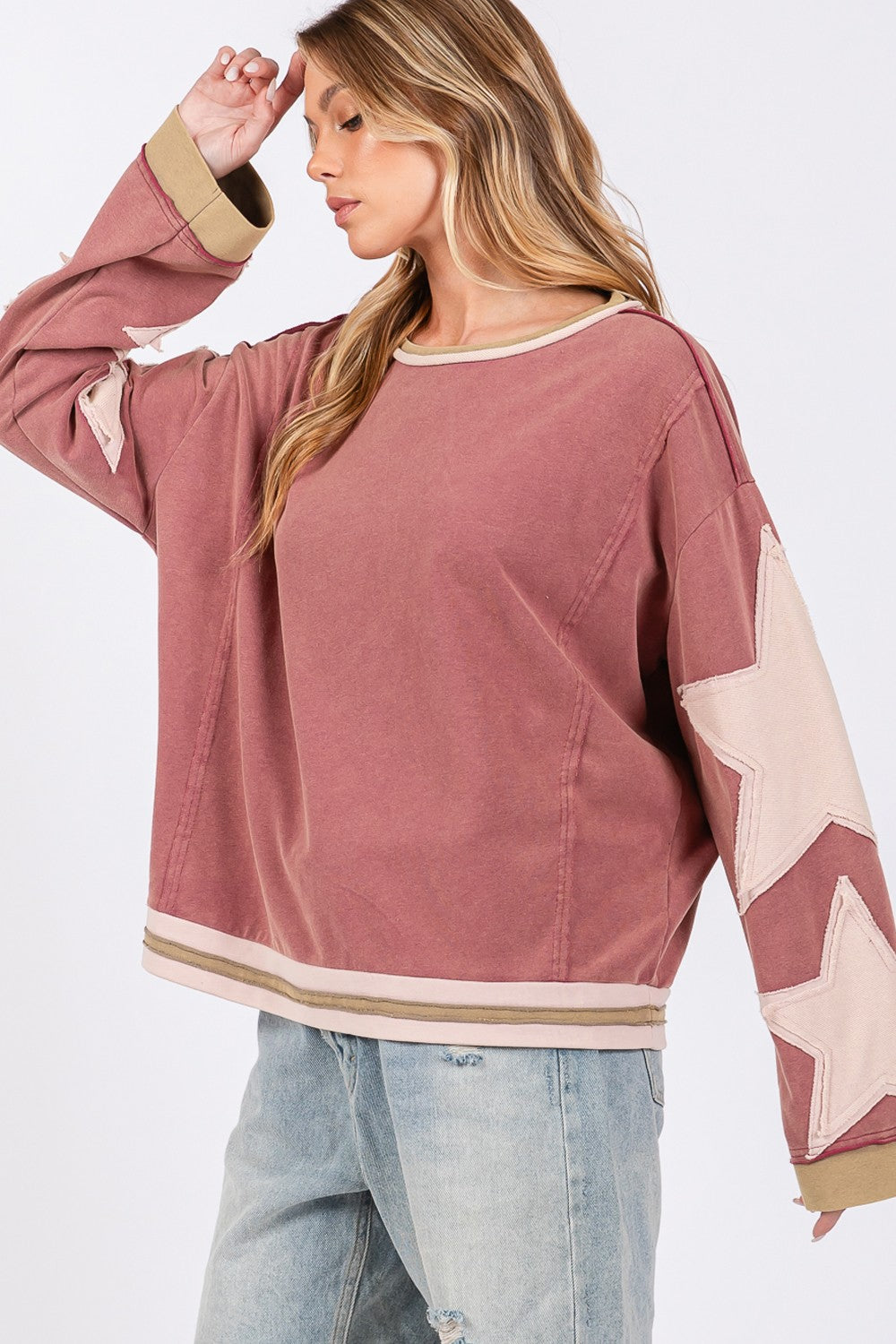 SAGE + FIG French Terry Star Applique Patch Sweatshirt in Magenta/Pink