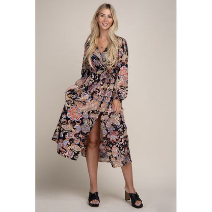 NUVI APPAREL Paisley Print Shirred Waist A-line Dress