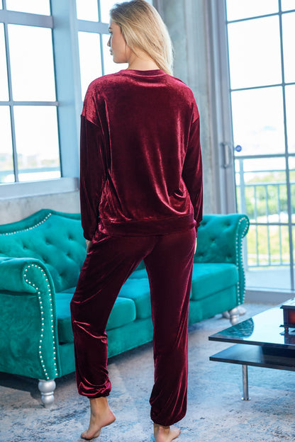 SYNZ Red Velvet Long Sleeve Top and Pants Lounge Set