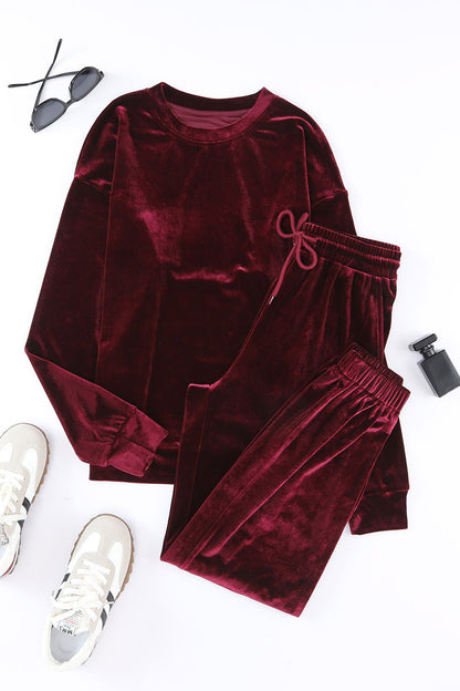 SYNZ Red Velvet Long Sleeve Top and Pants Lounge Set