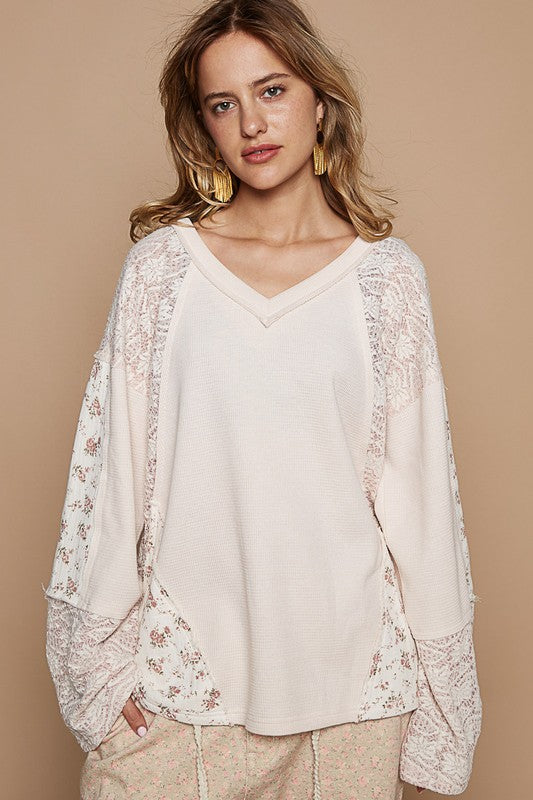 POL Women's Lace Floral Round Neck Boho Knit Top