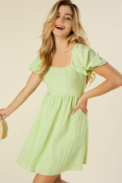 LILOU Light Green Tie Back Dress with Puff Sleeves