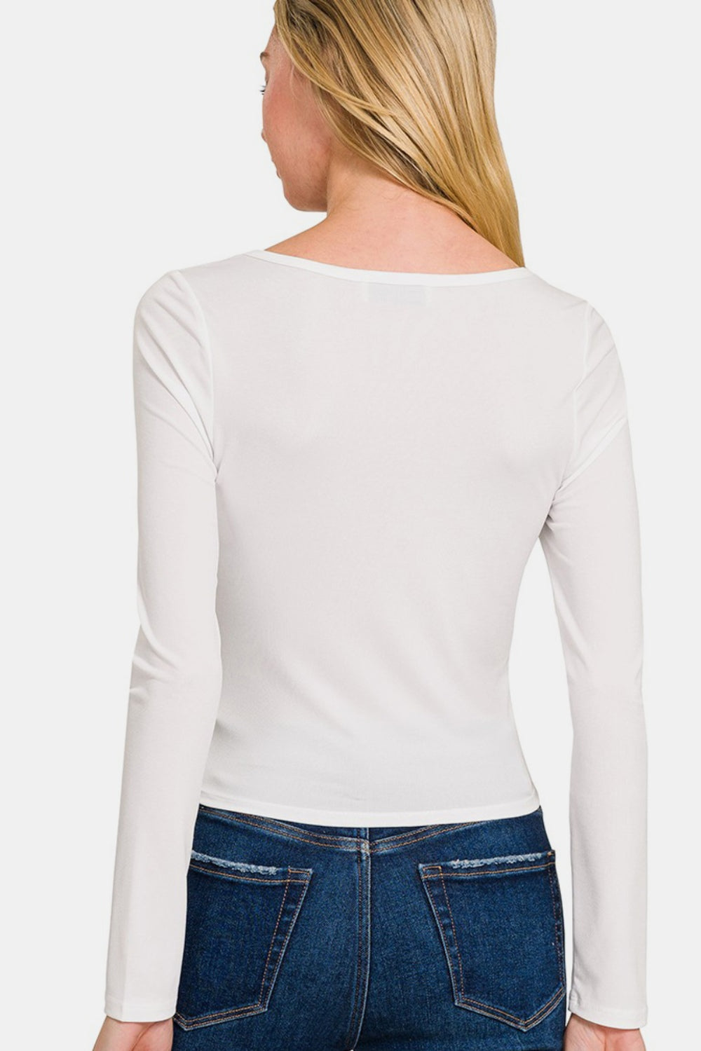 ZENANA White Square Neck Fitted Long Sleeve Top