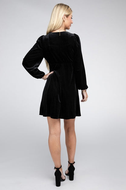 NUVI APPAREL Black Square Collar High Waist Mini Velvet Dress