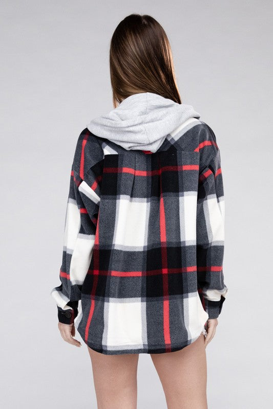 ZENANA Women's Plaid Drawstring Hooded Fleece Shacket