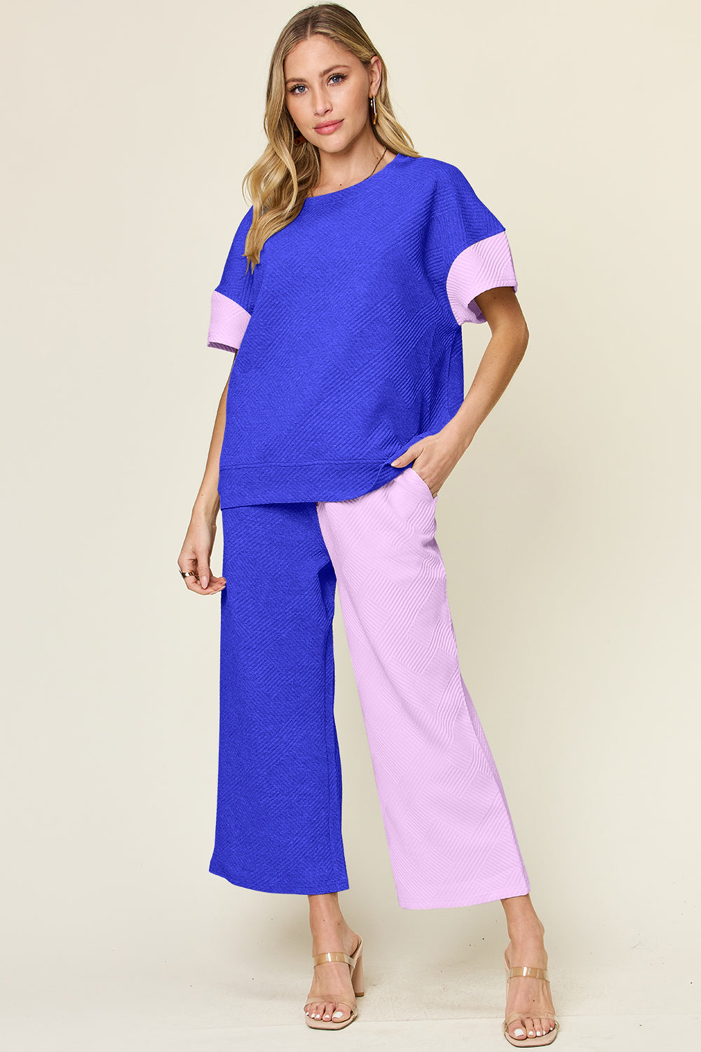 DOUBLE TAKE Full Size Texture Contrast T-Shirt and Wide Leg Pants Set