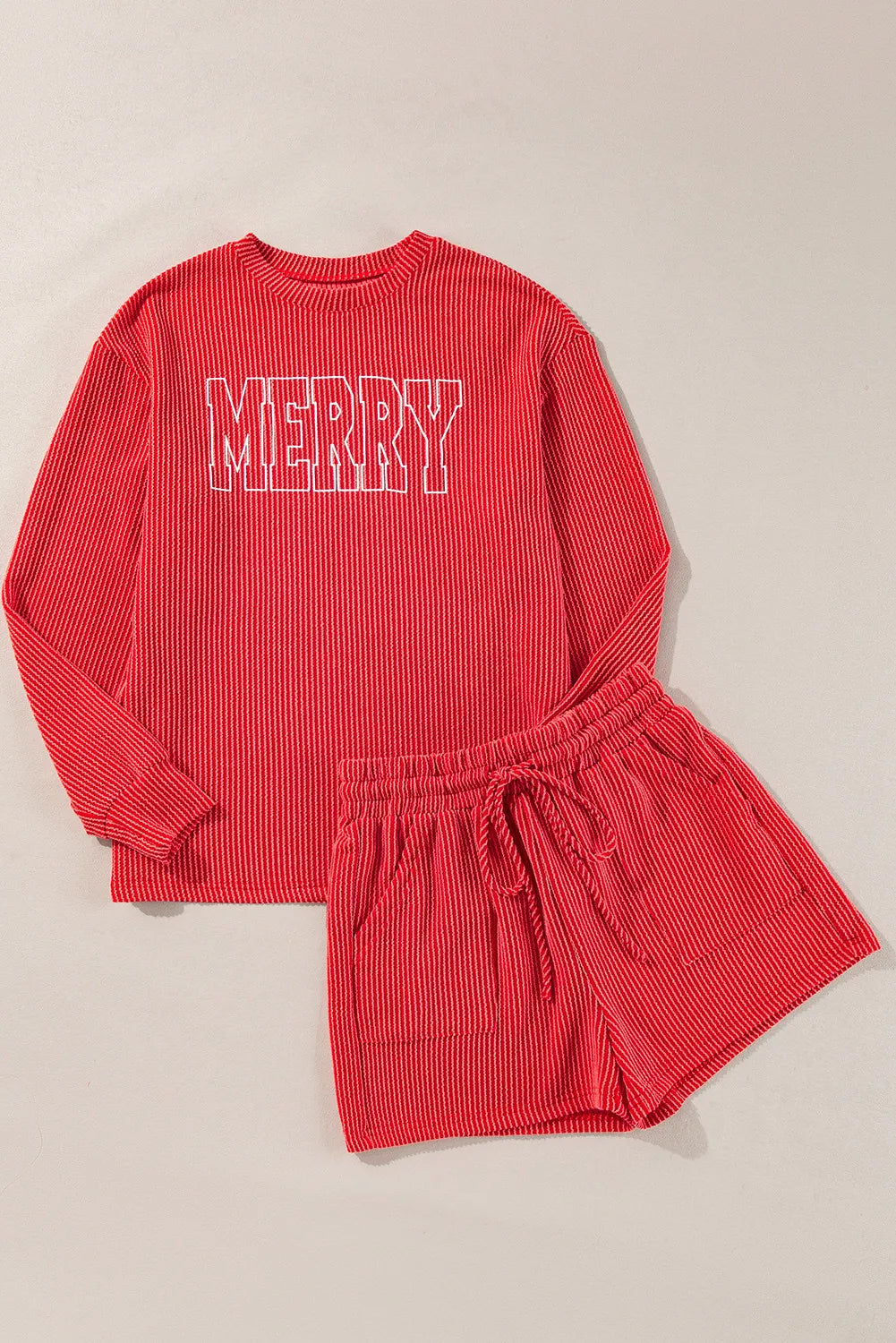 SYNZ 2 Piece MERRY Round Neck Long Sleeve Top and Shorts Lounge Set