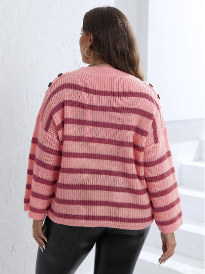 Plus Size Striped Dropped Shoulder Autunm Knitted Sweater