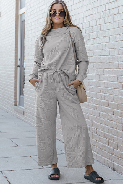 double take Full Size Textured Long Sleeve Top and Drawstring Pants Set