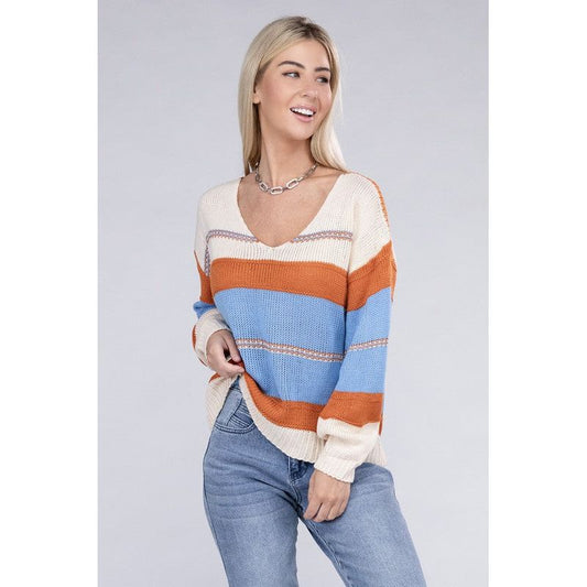 NUVI APPAREL Striped pattern Knit  V Neck Sweater