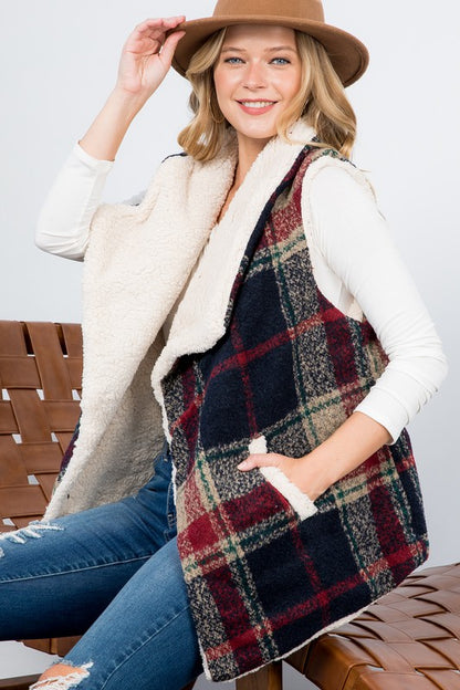 E LUNA Warm Sherpa Fur Plaid Vest