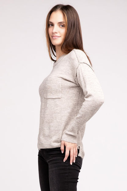 ZENANA Melange Hi-Low hem Round Neck Sweater