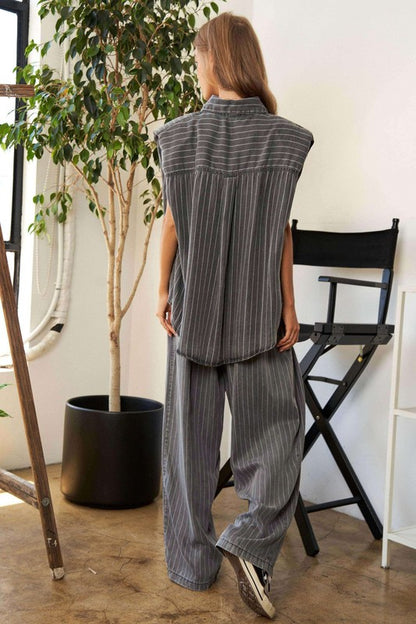 DAVI & DANI Stripe Button Down Shirt and Long Pants Set