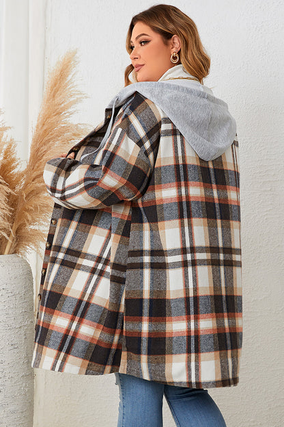 H.S. Plus Size Plaid Drop Shoulder Hooded Coat