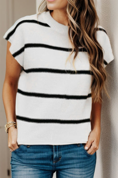 Striped Round Neck Cap Sleeve Sweater Top