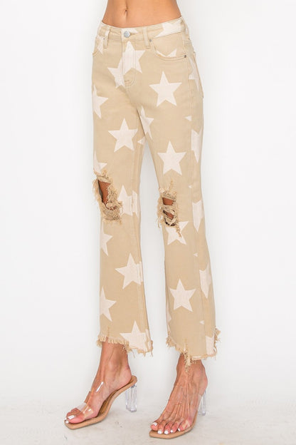 RISEN Full Size High Rise Star Printed Frayed Hem Jeans in Khaki