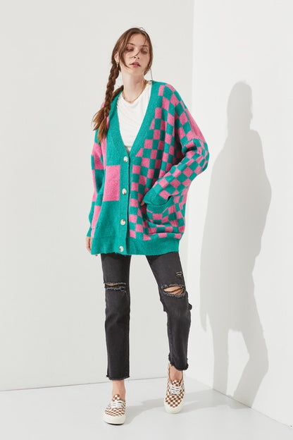 JADE by JANE Mocha/Beige Checkered Oversized Sweater