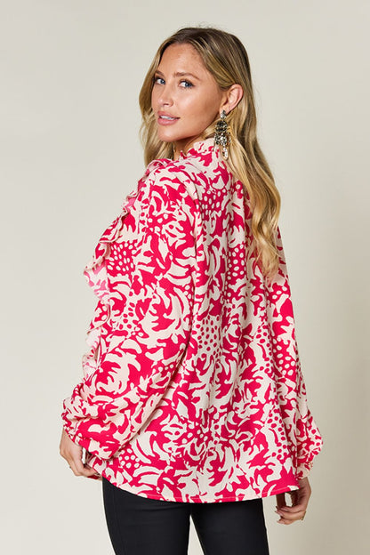 DOUBLE TAKE Full Size Printed Ruffle Trim Balloon Sleeve Blouse