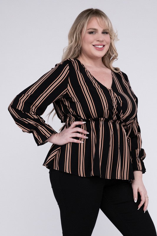 NUVI APPAREL Plus-size Striped Top with Ruffled Hem