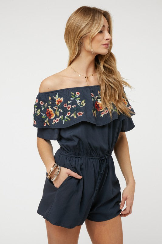 DAVI & DANI Floral Embroidered Off Shoulder Romper