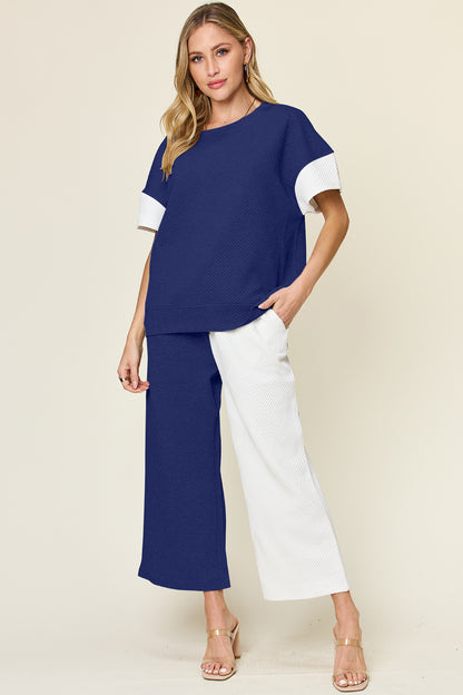 DOUBLE TAKE Full Size Texture Contrast T-Shirt and Wide Leg Pants Set