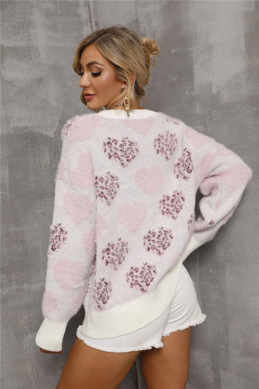 ANGEL WIGS Blush Pink Heart Pattern Round Neck Long Sleeve Sweater